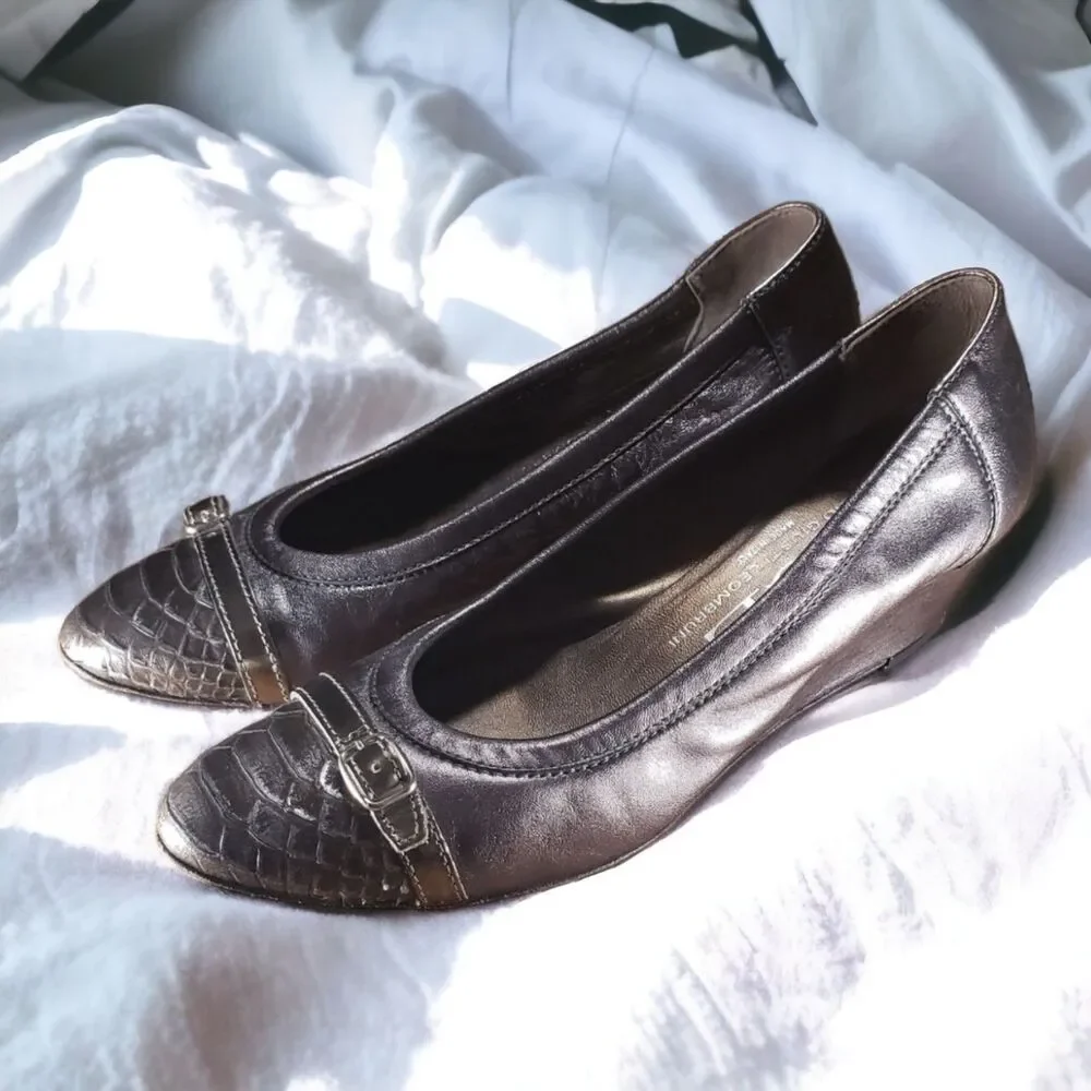 AGL Balletcore Low Wedge Pump metallic Pewter Snakeskin Cap Toe